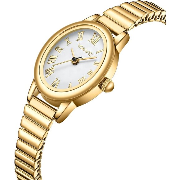 Women's Gold Watch with Stainless Steel Expansion Band Oval Case Roman Dial - Picture 2 of 6